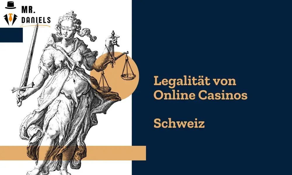 Titelgrafik für die Legalität von online CAsinos in der Schweiz mit Legalitätssymbol (Justice).