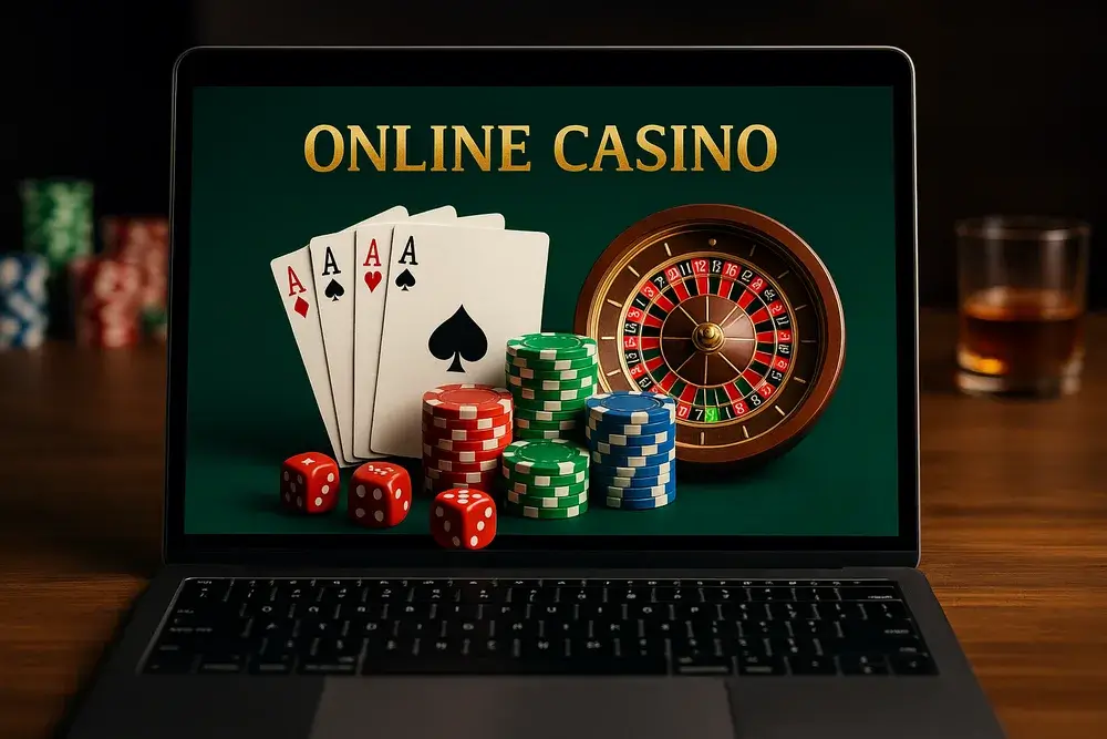 Ein Laptop, auf dem verschiedene Casino Spiele dargestellt werden.